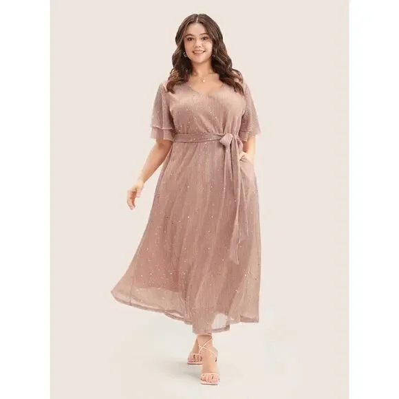 ✨ Plus Size 2X Dress with Ruffled Sleeves Sequins Sparkles & Pockets BloomChic - Picture 3 of 8